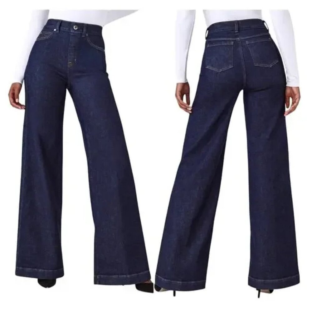 Spanx Wide Leg Pull On Jeans Size XL Raw Indigo Stretch Flattering High Waist